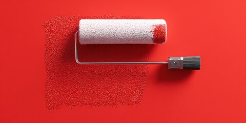 Obraz premium Paint roller applying red paint on a wall, home improvement and decoration concept