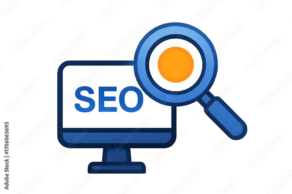 Aufkleber computer screen displaying seo text with a magnifying glass examining the search engine optimization