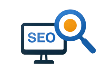 Computer screen displaying seo text with a magnifying glass icon isolated on transparent background