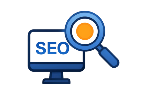 Computer screen displaying seo text with a magnifying glass examining the search engine optimization concept isolated on transparent background