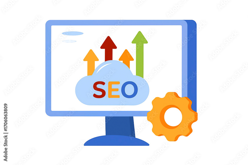 Aufkleber computer monitor displaying seo cloud and upward trending arrows with a gear icon isolated on transp