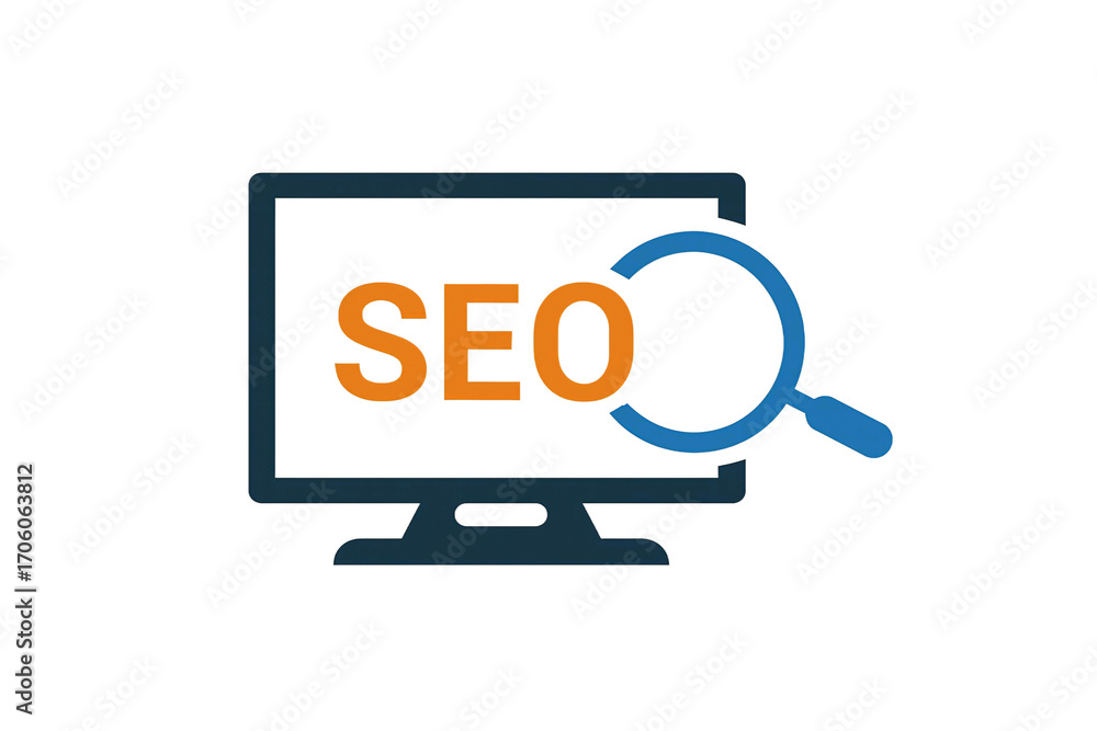 Aufkleber computer screen displaying the word seo with a magnifying glass symbol for search engine optimizatio