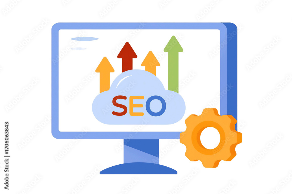 Poster computer screen displaying seo cloud with upward trending arrows and gear icon isolated on transpare