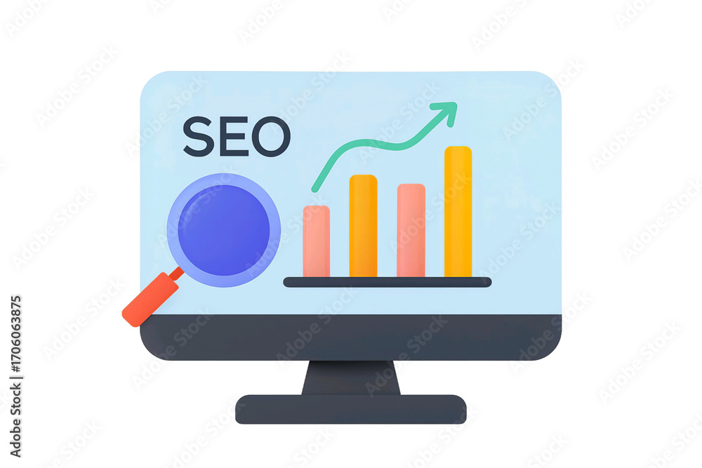 Aufkleber computer screen displaying seo analytics with a magnifying glass and upward trending graph isolated 