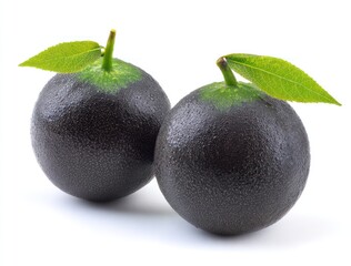 Two black fruits with stems and leaves rest on a white surface, highlighted by soft lighting creating gentle shadows