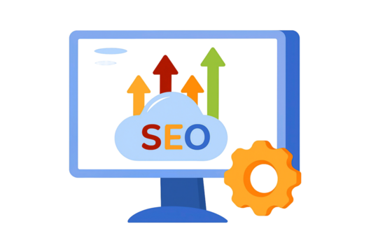 Computer monitor displaying seo cloud and upward trending arrows with a gear icon isolated on transparent background