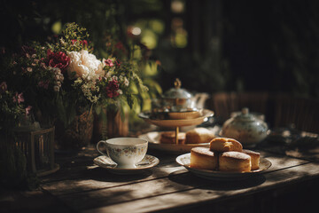 Traditional afternoon tea in the garden. Food blog photo concept