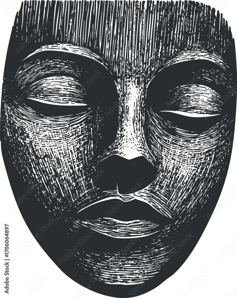Poster an artistic representation of a stylized face mask with minimalistic features and abstract design.