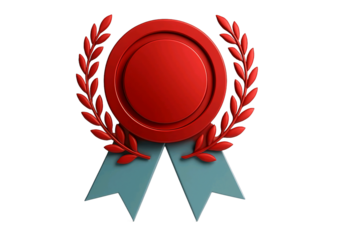 Red oval award seal with laurel wreath and light blue ribbon isolated on transparent background