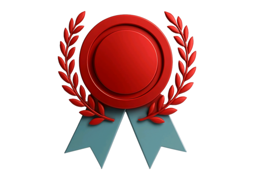 Red oval award seal with laurel wreath and light blue ribbon isolated on transparent background