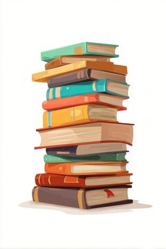 A stack of colorful books, illustrated in a cartoon style, with varying sizes and hues, is presented against a plain background