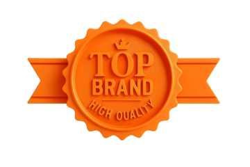 Orange embossed seal with the words top brand high quality and ribbon isolated on transparent background