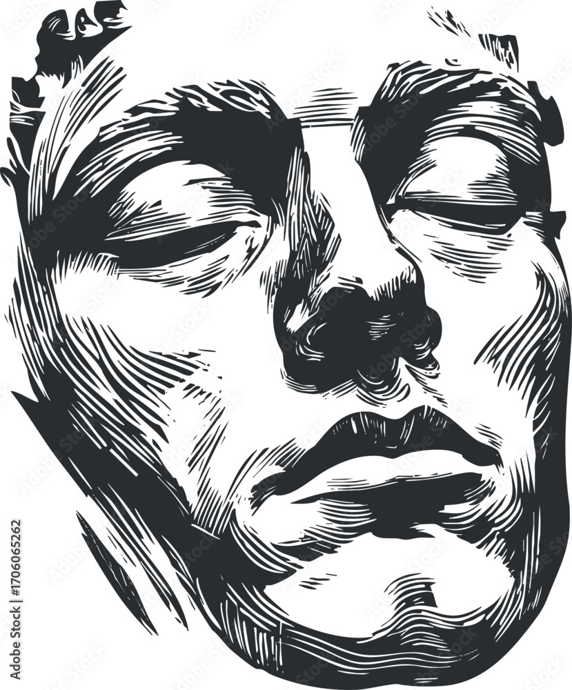 Aufkleber an abstract monochrome portrait representing emotion and contemplation through expressive line work.