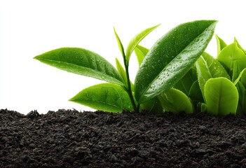 Close-up of bright green sprouts emerging from dark soil against a bright white backdrop, symbolizing growth and new beginnings