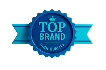 Blue oval badge with top brand and high quality text and crown emblem isolated on transparent background