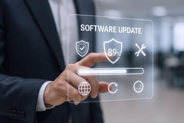 Software Update Progress on Transparent Display Interface with Man's Hand Pointing to Progress Bar