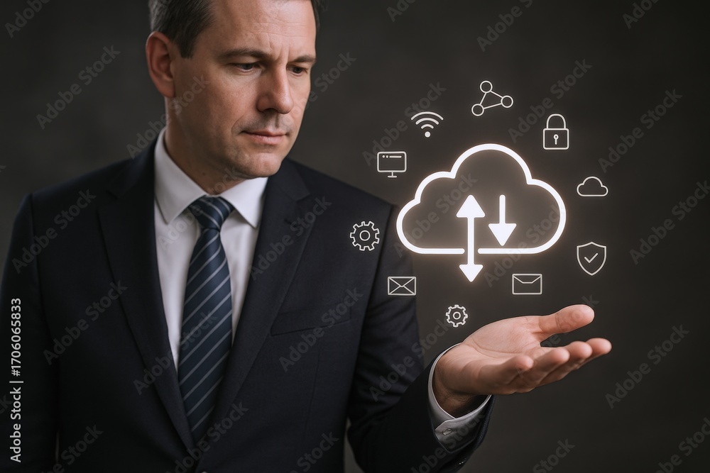 Poster professional man displaying cloud computing technology with data transfer icons for business solutio