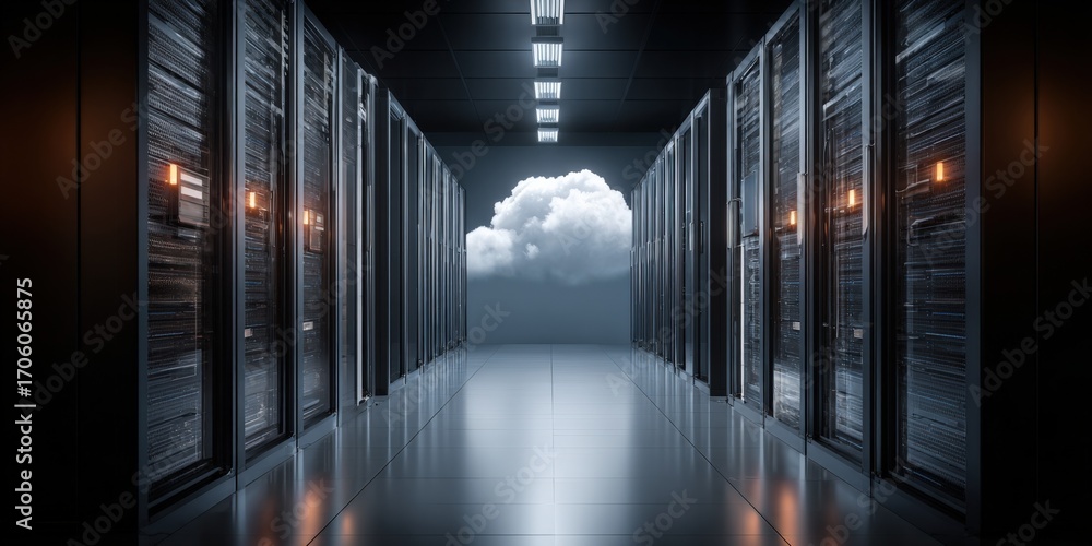 Poster cloud computing server room concept: modern data center with cloud illustration for it solutions