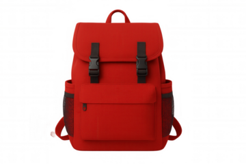 Red backpack featuring black buckles, mesh side pockets, hanging against transparent background, suitable for school and travel purposes
