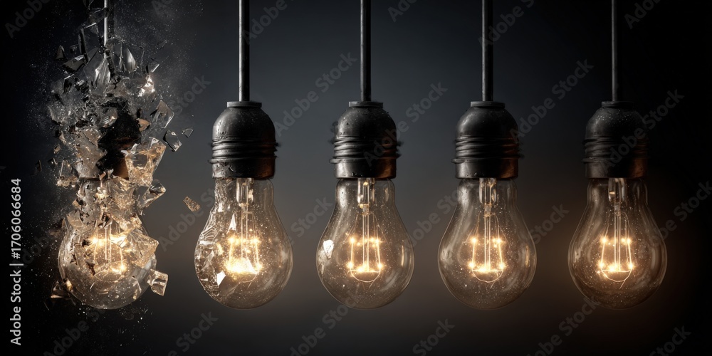Poster concept of fragility: exploding light bulb among intact ones, representing failure and resilience