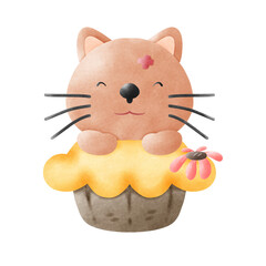 Orange cat and yellow cupcake