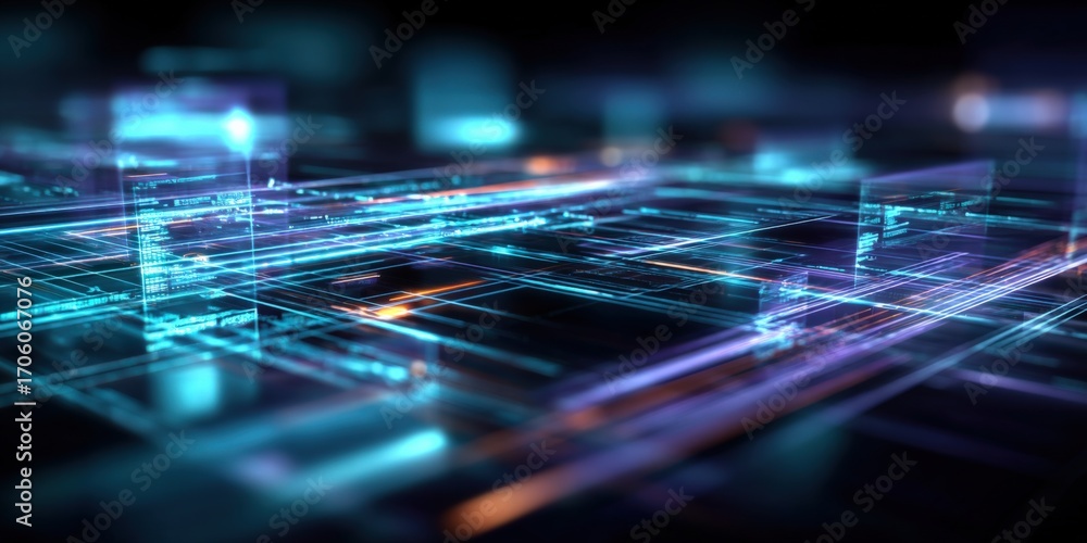 Poster abstract technology background with glowing lines and cubes for digital innovation and connectivity