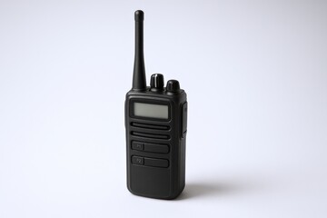 Black Portable Radio Transceiver with Antenna for Communication, Security, and Emergency Services on White Background