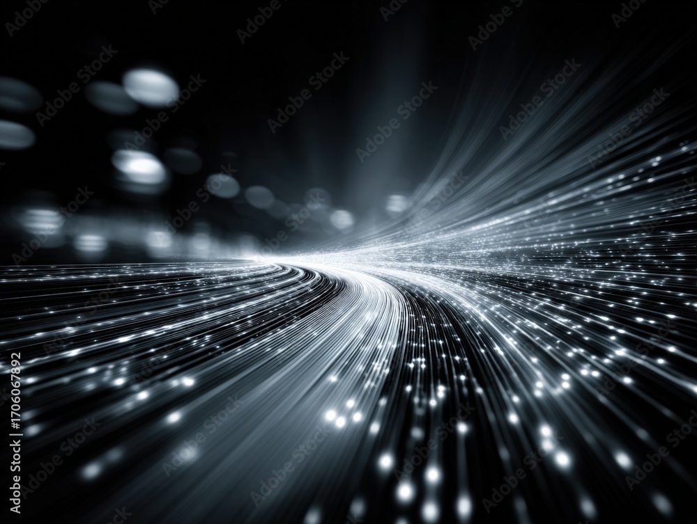 Poster abstract data stream visualization with light streaks: futuristic technology background for high-spe