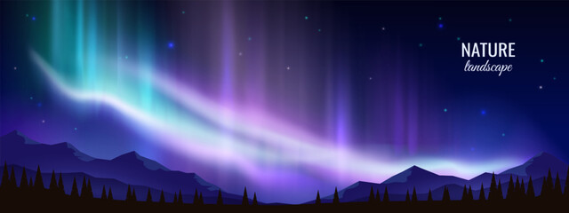Bright northern lights over mountains. Night scene with aurora borealis. Vector illustration. Not AI-generated.
