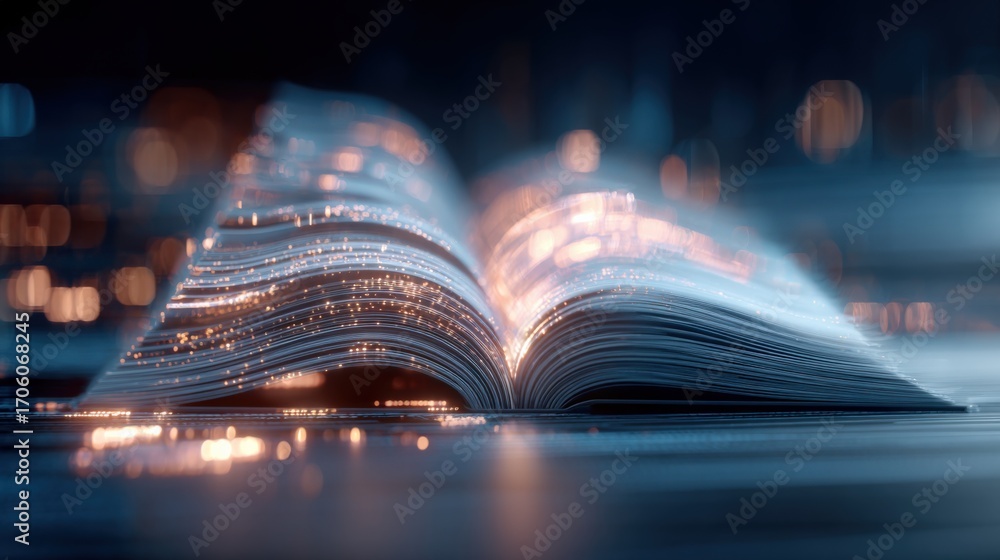 Poster open book with glowing digital data streams: abstract knowledge and innovation concept
