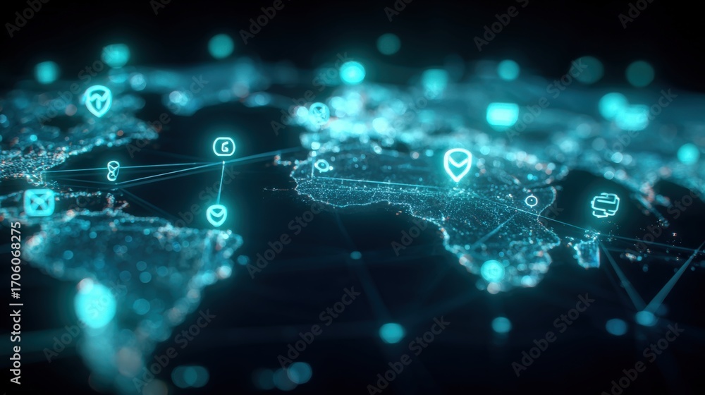 Poster global network technology: digital world map with connection points and data visualization for busin