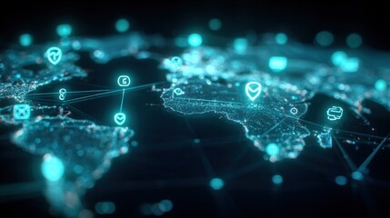 Global Network Technology: Digital World Map with Connection Points and Data Visualization for Business
