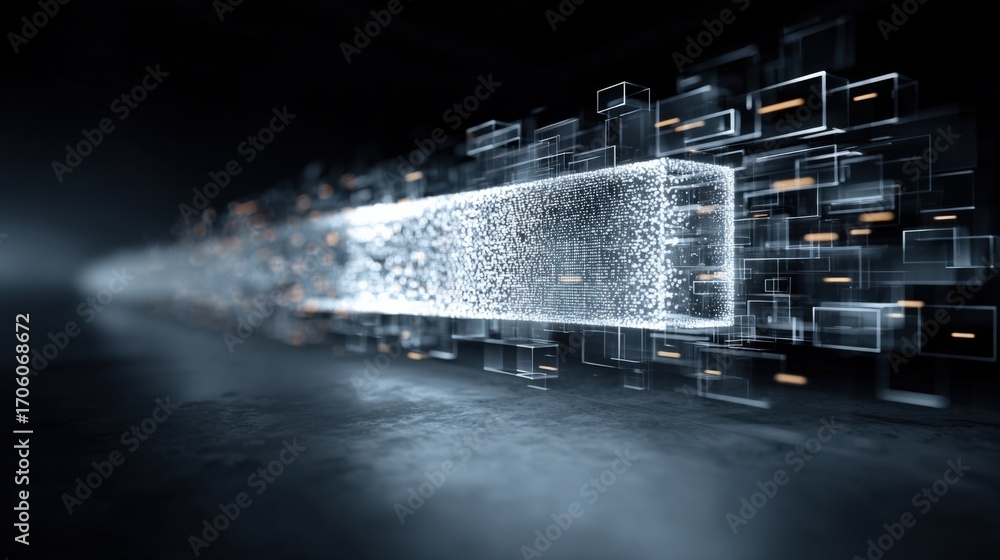 Poster futuristic data stream visualization with glowing cubes and particles, abstract technology backgroun