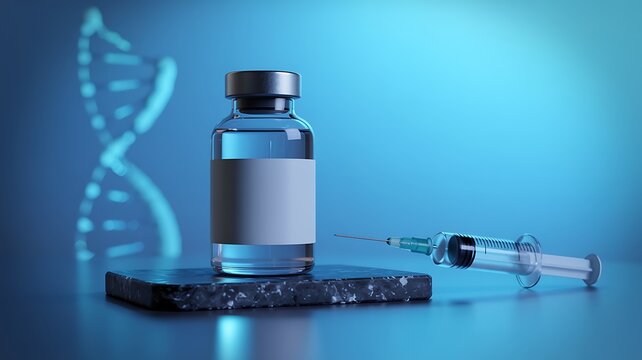 Medical research and development of new vaccines and treatments with a dna helix and syringe symbolizing scientific innovation and healthcare advancement