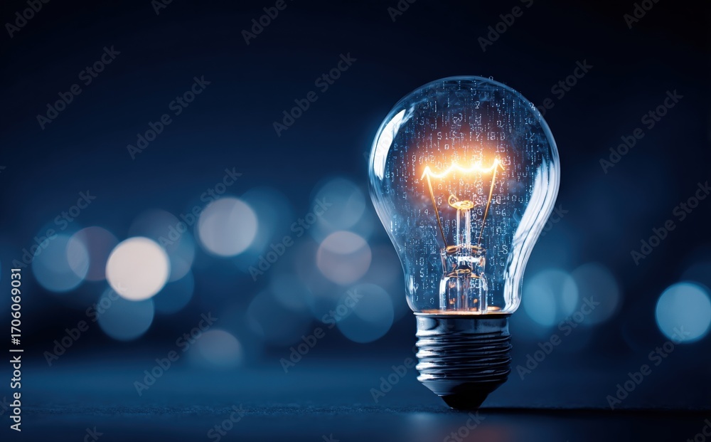Poster glowing lightbulb illuminating innovation and ideas against a bokeh background in a business concept
