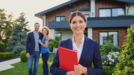 Smiling female real estate agent holding red folder in front of modern house with happy couple in background. Real estate business, home buying and property sale concept. Design for banner, header, po