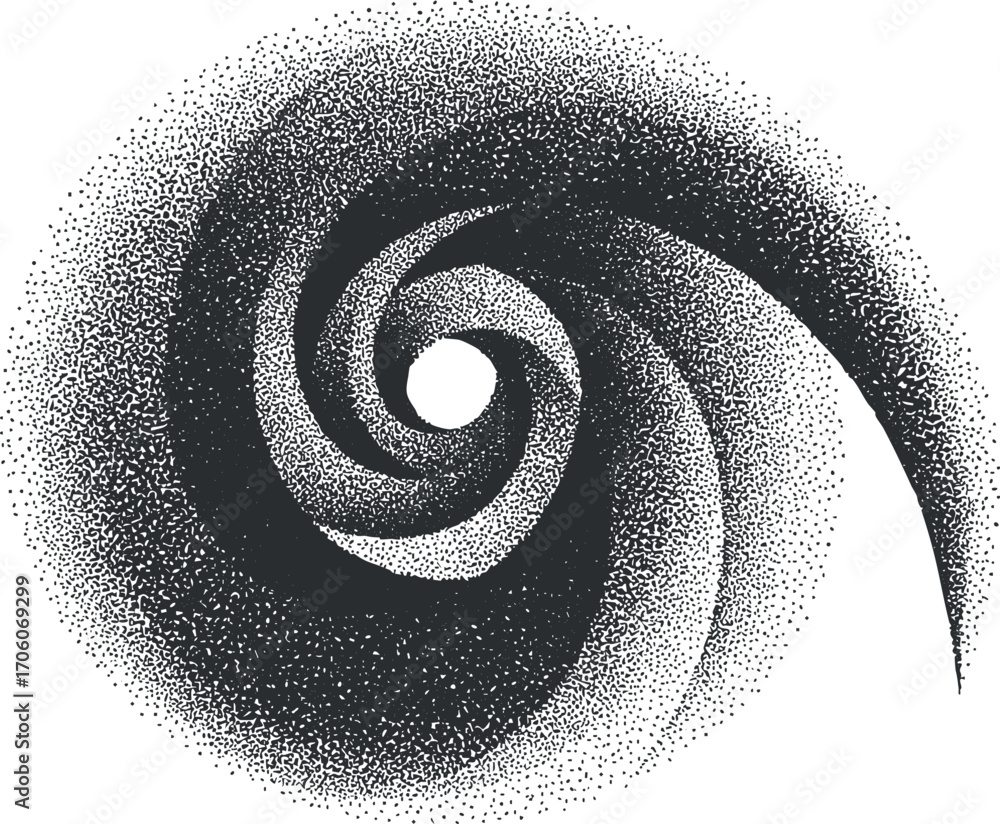 Poster abstract black and white spiral design with dotted texture and dynamic swirling motion.