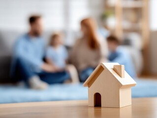 Family Home Concept: Wooden House Miniature with Blurred Family in the Background, Symbolizing Security and Togetherness