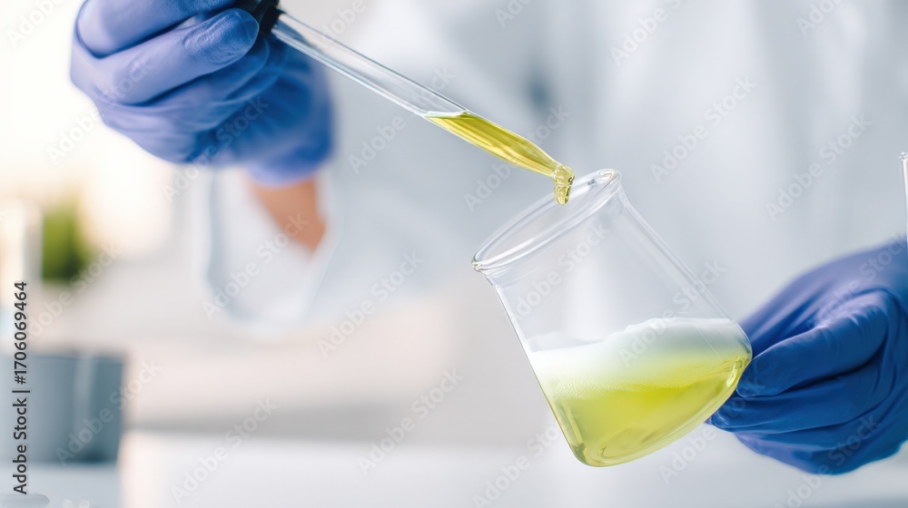 Poster scientist adding liquid to beaker with dropper for scientific experiment in laboratory setting