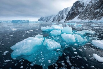 Icebergs float in chilly Arctic waters, reflecting blue hues, backed by snowy, dramatic, rocky cliffs under a cloudy sky
