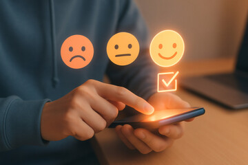 Customer satisfaction survey with happy and sad emojis on a smartphone screen
