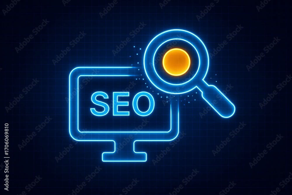 Poster neon blue seo icon with a magnifying glass and computer screen on a dark background representing sea