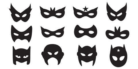 Different Mask silhouette isolated on transparent background Masquerade vector for apps or web party superhero carnival villain or burglar icon in flat. costume eye mask hidden person face