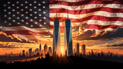 Iconic twin towers of new york city skyline silhouetted against a dramatic sunset with the american flag waving above