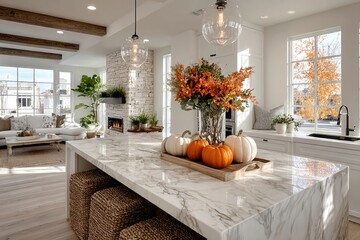 Modern kitchen interior with marble counter top decorated for fall with orange pumpkins and leaves, autumn home decoration 