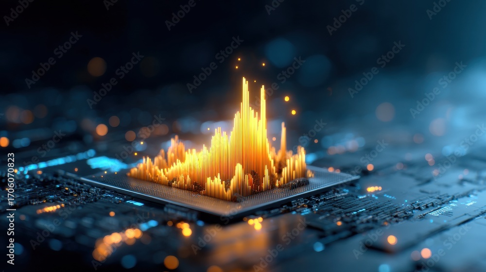 Poster a vibrant visualization of data emerging from a microchip, showcasing a dynamic wave of energy and i