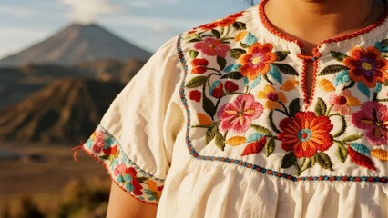 Obraz premium Close-up of a person wearing a traditional embroidered dress with floral patterns, set against a mountainous backdrop.