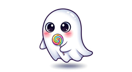 Obraz premium Cute cartoon ghost holding a colorful lollipop, perfect for Halloween and fun designs