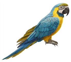 Fototapeta premium A vividly colored macaw rests, flaunting its blue and gold plumage, contrasting with a stark white background, creating a striking visual