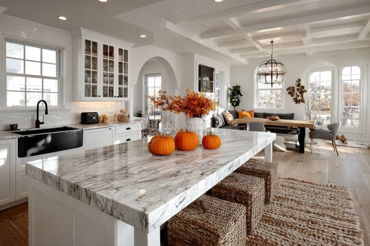 Modern kitchen interior with marble counter top decorated for fall with orange pumpkins and leaves, autumn home decoration	
